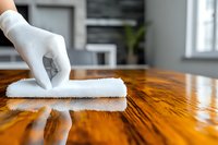 Hand in white glove cleaning wooden table surface with microfiber cloth in modern kitchen interior for housekeeping and maintenance tasks.