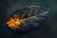 Glowing leaf with illuminated veins showing intricate natural patterns and textures against dark background for botanical and nature designs.