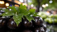 Fresh ripe black grapes with water drops and green leaves on dark background with soft bokeh lights, macro shot of juicy fruit for wine production.