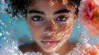 Young African American woman with natural curly hair surrounded by water splashes and coral-colored flowers, sunlight creating magical sparkles on wet skin.