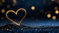 Glowing heart shape created with sparkles against dark background with golden bokeh lights and glitter, romantic magical atmosphere for Valentine's Day designs.