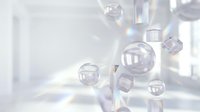 Abstract geometric composition with transparent glass spheres and crystal cubes floating in soft purple and white gradient space for modern design projects.