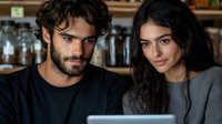 Young couple working together on laptop computer in modern kitchen setting with jars and shelves in background for business or lifestyle content.