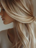 Woman with long, layered blonde hair featuring warm caramel and platinum highlights, shown in profile view. Hair displays soft waves and movement, ideal for beauty, salon, and haircare marketing materials.