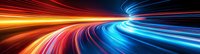Dynamic light trails curving through dark tunnel with vibrant red, orange and blue streaks creating futuristic motion effect, suitable for technology and speed concepts.