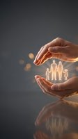 Protective hands surrounding glowing family silhouettes representing life insurance, healthcare coverage, and financial security for loved ones.