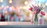 Pink flowers in glass mason jar with candy and strawberry milk against blurred bokeh background on wooden table. Romantic spring decoration.