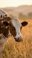 Brown and white dairy cow grazing in golden sunset pasture with warm light creating peaceful rural farm scene for agriculture and livestock content.