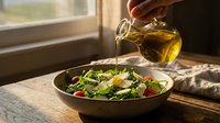 Pouring golden olive oil over fresh green salad with vegetables in bowl by window, healthy eating and cooking concept.