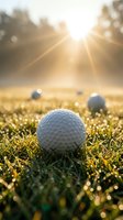 Golf balls on dewy grass at sunrise with golden sunlight rays streaming through trees, ideal for golf course marketing and sports promotional materials.