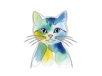 Watercolor cat portrait with colorful blue green yellow brushstrokes on white background. Artistic pet illustration for greeting cards and home decor.