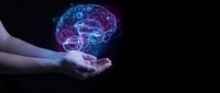 Glowing digital brain hologram floating above open human hands against dark background representing artificial intelligence, neuroscience and mental health concepts.