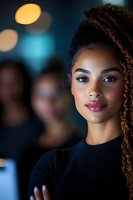 Young woman with natural curly hair and professional makeup in dark setting with bokeh lights, wearing black sweater. Soft evening lighting creates dramatic portrait.