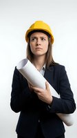 Female architect or engineer with long brown hair and Caucasian ethnicity wearing yellow hard hat and dark blazer, holding rolled blueprints, looking upward thoughtfully against white background for construction and professional concepts.