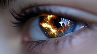 Macro shot of blue eye with cosmic galaxy reflection in iris, showing stars and golden nebula patterns against dark background. Creative fantasy concept.