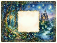 Enchanted fairy tale frame with magical castle, mystical forest, starry night sky and ornate border. Fantasy storybook template for text or photos.