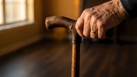 Senior man's weathered hand gripping wooden walking cane in warm indoor lighting. Elderly care, mobility assistance, aging gracefully concept.