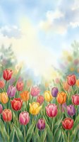 Watercolor spring tulip garden with colorful blooms in red, yellow, pink and purple under a soft sunny sky, copy space above.