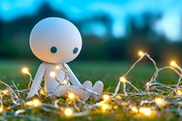 Cute white robot character sitting on grass surrounded by glowing fairy lights at dusk, creating magical atmosphere for fantasy and children illustration.