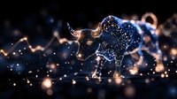 Glowing bull constellation with sparkles and light trails against dark night sky, zodiac Taurus symbol illuminated with magical starry effect and bokeh lights.