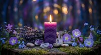 Purple candle burning among lavender sprigs, amethyst crystals and violet flowers on moss surface with magical bokeh lights background for spa relaxation.