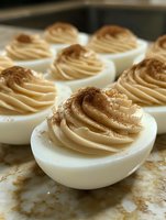 Deviled eggs with creamy mustard filling piped into halved hard-boiled eggs, garnished with paprika powder for appetizers and party food.