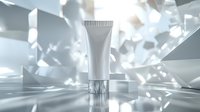 White cosmetic tube on reflective surface with geometric crystal shapes background in soft blue tones, modern luxury skincare packaging mockup for beauty products.