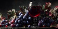 Red wine glass with fresh dark grapes and autumn vine leaves on rustic wooden surface against black background for winery and harvest concepts.