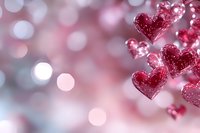 Pink crystal hearts against soft bokeh background create romantic mood for Valentine's Day cards, wedding invitations and love-themed designs.