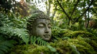 Ancient stone Buddha head sculpture covered in moss surrounded by lush green ferns in peaceful forest setting for meditation and spiritual concepts.