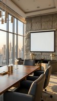 Modern executive boardroom with city skyline view through floor-to-ceiling windows, marble wall, projection screen, and leather chairs around wooden conference table.