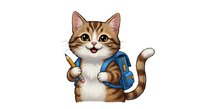 Tabby cat with white chest wearing blue backpack, holding pencils, isolated on white background for educational materials, clipart, and design projects.