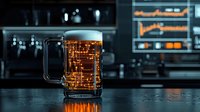 Glass mug of fresh beer with glowing orange circuit board pattern on dark background with digital screens, futuristic concept for smart brewery technology.