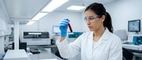 Female scientist of South Asian descent examining red liquid in test tube within modern laboratory setting, wearing white coat and blue gloves for research and development purposes.