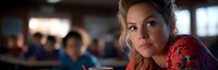 Young woman in red lace dress looking thoughtfully away while sitting in crowded cafe. Soft natural lighting creates cinematic mood with blurred background.