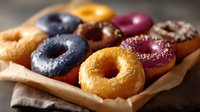 Colorful glazed donuts with sprinkles arranged on brown paper, featuring vibrant purple, yellow, and pink frosting. Fresh baked sweet pastries for cafe menu or bakery.