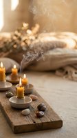 Lit candles with smoke on wooden tray surrounded by stones, soft blankets and warm lighting, creating a serene spa and wellness atmosphere for relaxation and meditation.