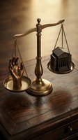 Bronze scales of justice with courthouse and praying hands symbolizing legal balance, law firm services, judicial system and attorney representation.