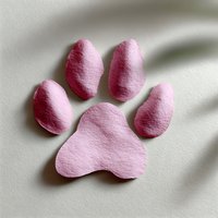 Pink paw print shape with soft textured surface cast shadow on white background, minimalist design for pet-related projects and animal care branding.