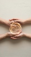 Elderly and young hands protecting glowing golden energy sphere symbolizing care, support, generations connection and family bond concept.