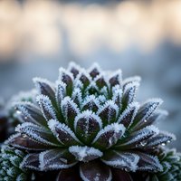 Frost-covered succulent plant with delicate ice crystals on green leaves creating winter garden scene with soft blurred background for seasonal nature designs.