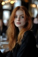 Young woman with flowing red hair and natural makeup wearing black jacket, photographed in soft bokeh lighting at cafe setting. Perfect for lifestyle and beauty content.