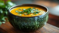 Creamy pumpkin soup with fresh herbs served in rustic green ceramic bowl on wooden table for autumn comfort food and healthy dining concepts.