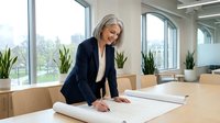 Mature female architect in dark blazer reviewing building blueprints at wooden conference table in modern office with floor-to-ceiling windows and green plants.