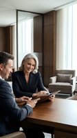 Mature woman with blonde hair and man in business attire reviewing digital tablet together at wooden desk in modern office with floor-to-ceiling mirror and contemporary furniture for corporate meetings.