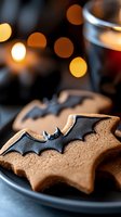 Halloween bat-shaped gingerbread cookies with black icing on dark plate with warm bokeh lights creating festive autumn atmosphere for seasonal baking.