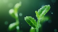 Fresh green plant sprout with morning dew drops on leaves against blurred natural background, macro photography showing growth and new beginnings in nature.