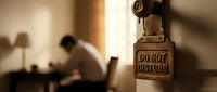 Do not disturb sign hanging on door handle with blurred figure working at desk in background, suitable for office, hospitality, and workplace privacy concepts.