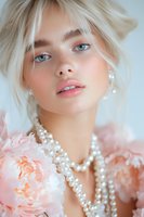 Young blonde woman with blue eyes wearing pearl necklace and pink feathers, soft romantic portrait with natural makeup and freckles against light background.