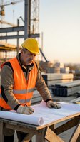 Construction worker in safety vest and hard hat reviewing blueprints at building site during golden hour for project planning and development.